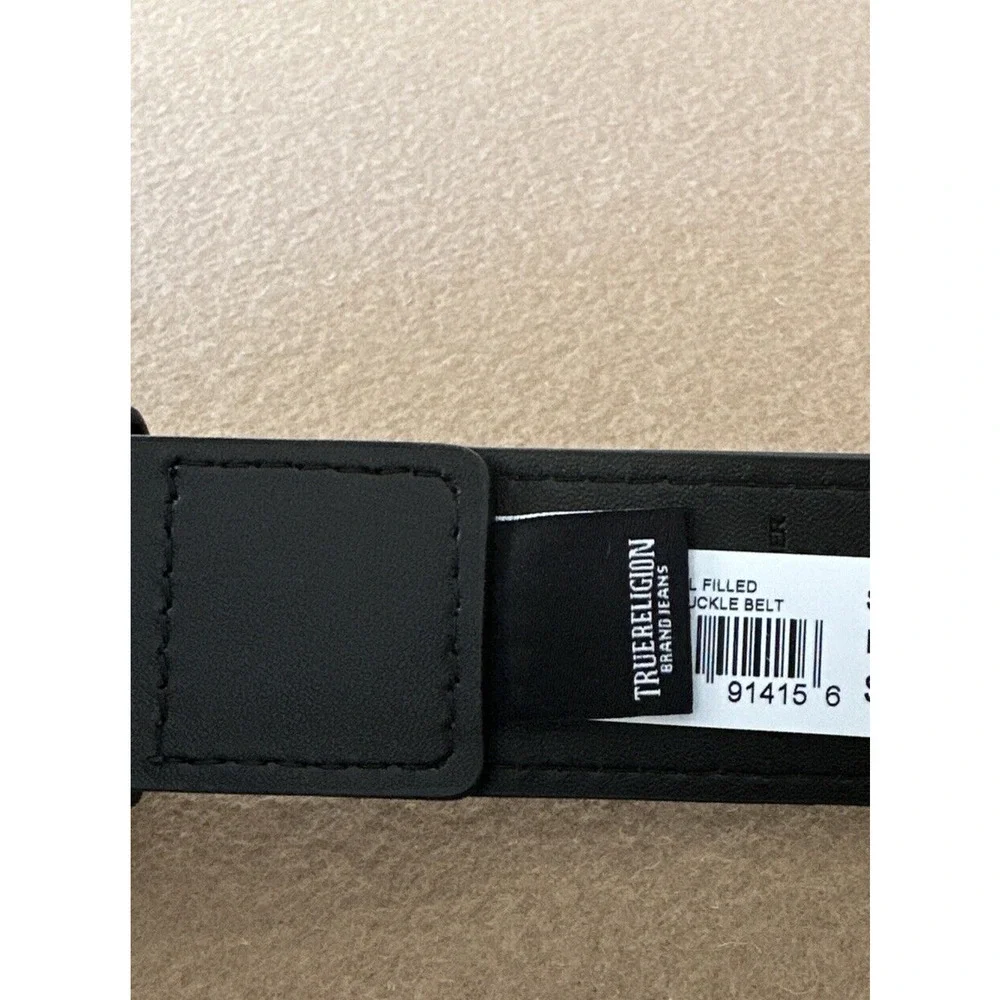 True Religion Mens Belt Size 36 Sage II Enamel Horseshoe Black/Gold buckle